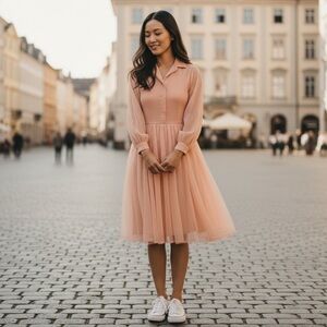 Jack Rogers Midi Dress Womens Small Peach 1960s Vintage Sheer Collared Button Fr